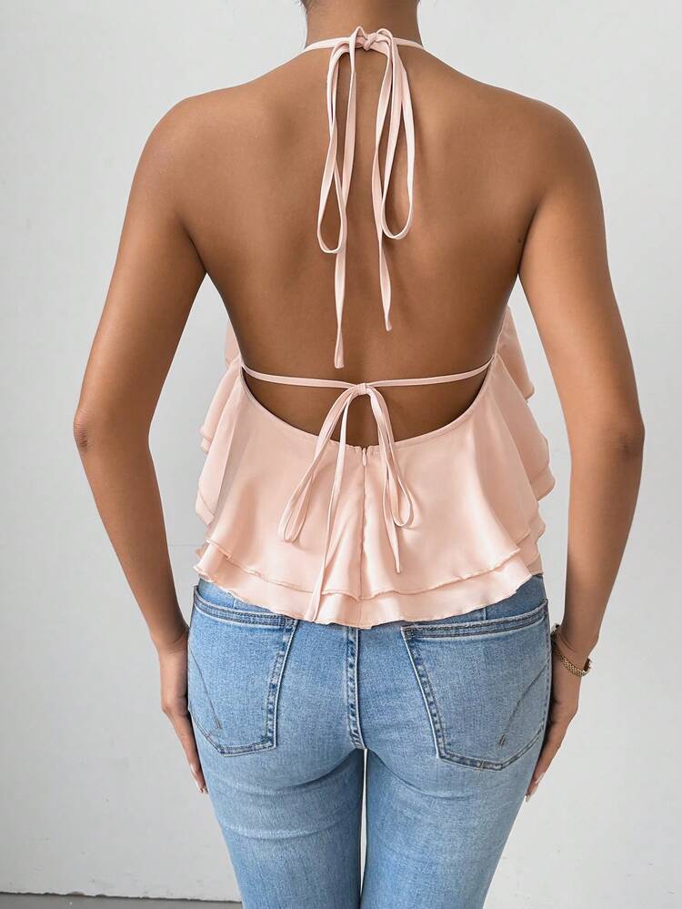 Women's Solid Color Ruffle Detail Necklace Strap Cami Top For Summer
