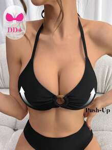 Swim DD+ Summer Beach Ring Linked Halter Bikini Top - Black - View 5