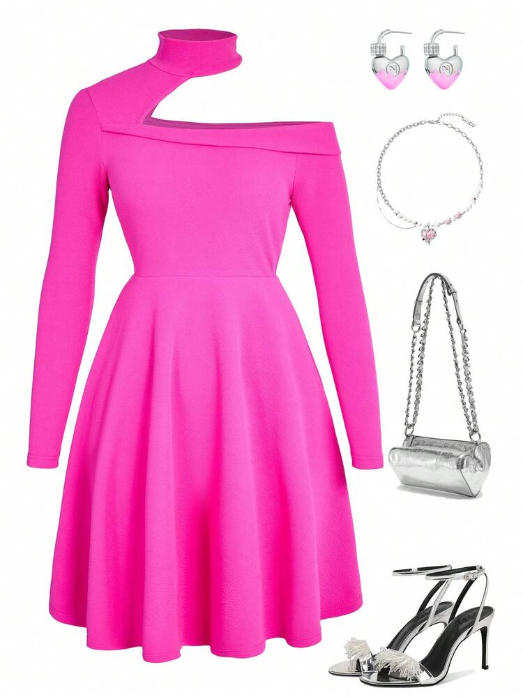 Teen Girl Asymmetric Neckline Solid Color Long Sleeve Dress