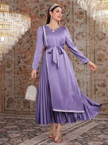 Modelyn Của phụ nữ Xếp li Khối màu Đầm Với Ruy băng Đồ trang trí - Màu tím - Xem 1