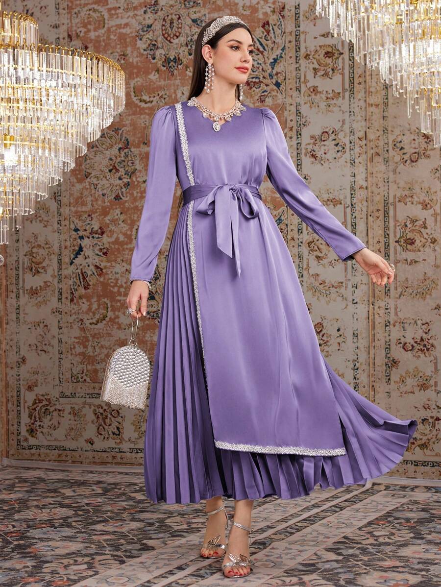 Modelyn Của phụ nữ Xếp li Khối màu Đầm Với Ruy băng Đồ trang trí - Màu tím - Xem 1