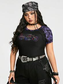 ROMWE Grunge Punk Camiseta ajustada con manga raglán, decorada con piedras rhinestone y estampado de llamas, para mujeres de talla grande amantes de las motos