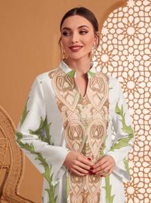 Al Najma Women's Turkish Long Shirt With Floral Print And Embroidery Kaftan Jalabiya Dress - Green - View 4