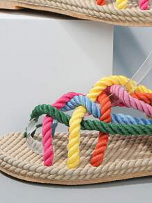 Women's Flat Rainbow Color Casual Sandals With Woven Rope Soles, Summer