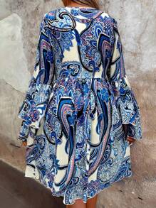 SHEIN LUNE Cổ chữ V Tay áo chuông Đầm - Màu xanh lam - Xem 2
