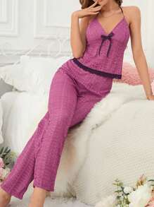 Của phụ nữ Bowknot Không lưng Halter Neck Áo Và Bộ mặc nhà - Màu Hồng Tươi - Xem 3