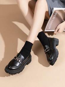 Women's Black Minimalist Style Thick-Sole Loafers With Rhinestone Decor, Mary Janes And Casual Fashion Flats For Spring/Autumn Valentines