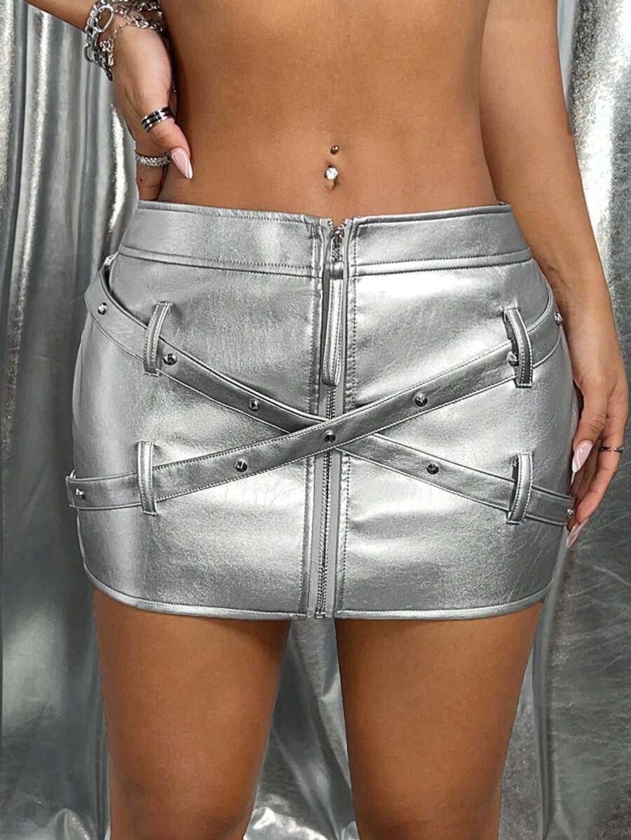 SHEIN ICON 鑲釘皮帶拉鍊迷你純色裙 - 銀色 - 查看 1