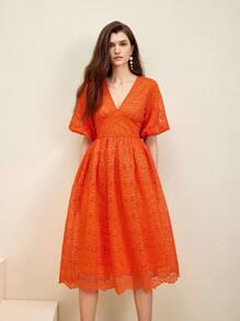 Anewsta Elegant Gathering Texture Lace Women Orange V-Neck Cinched Waist Umbrella-Shaped A-Line Dress - Orange - View 7