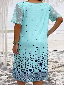 SHEIN LUNE 大尺碼女式時尚夏季拼接印花連衣裙 - 藍色 - 查看 2