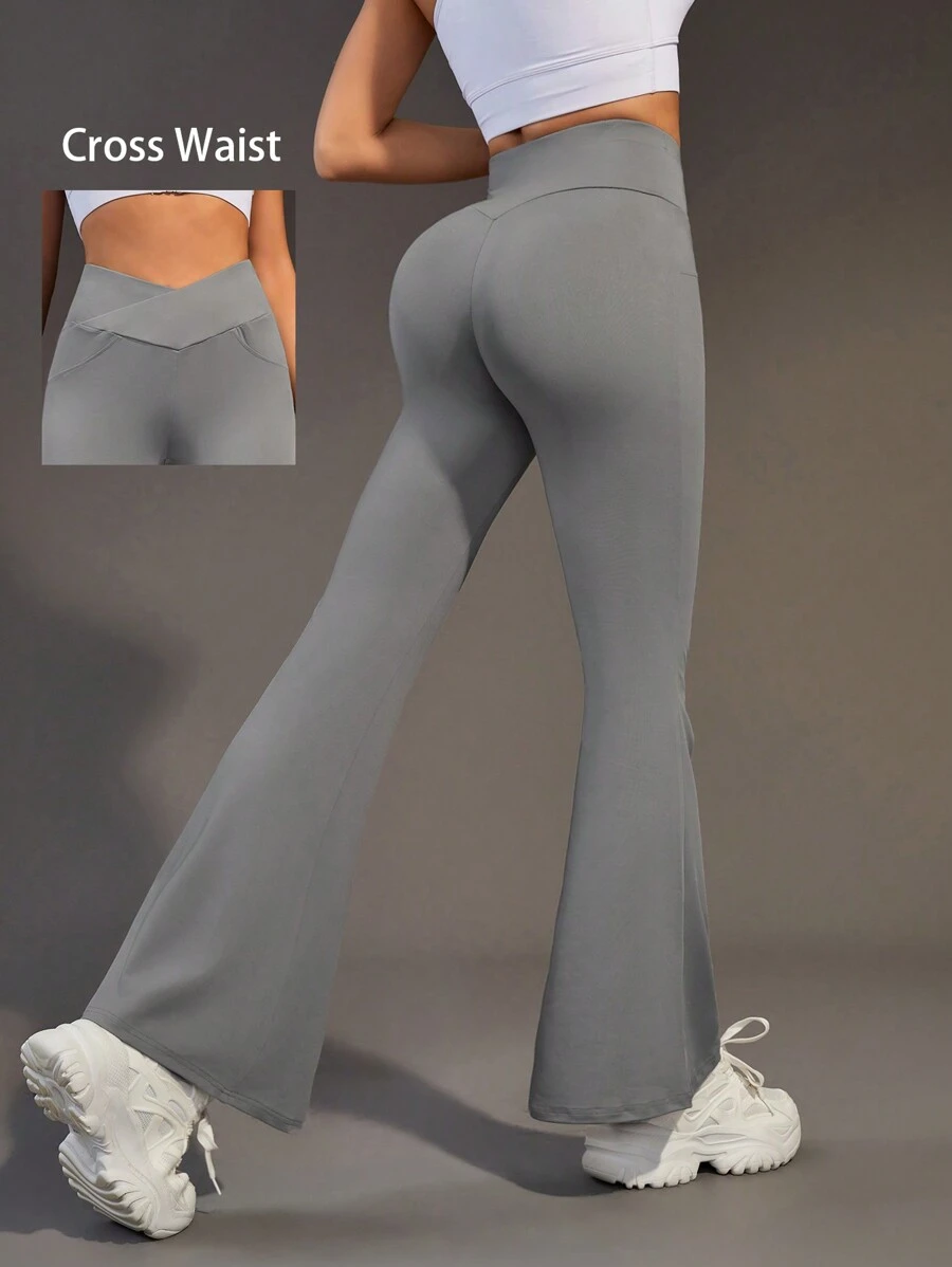 SHEIN Sports Cross High Waist Flared Sports Pants - Grey - View 1
