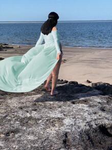 Maternity Off Shoulder Chiffon Long Sleeves Patchwork Split Front Maxi Photography Dress For Photoshoot - Màu xanh Bạc hà - Xem 2