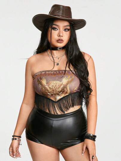 Grunge Punk Talla Grande Parte De Arriba Sin Tirantes De Estilo Punk Para Mujer Con Patrón Impreso De Búho Y Flecos En La Parte Frontal Con Atar