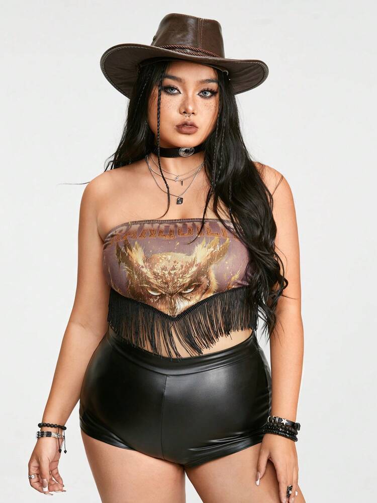 Plus Size Women's Punk Style Owl Pattern Printed Fringe Tie Front Tube Top