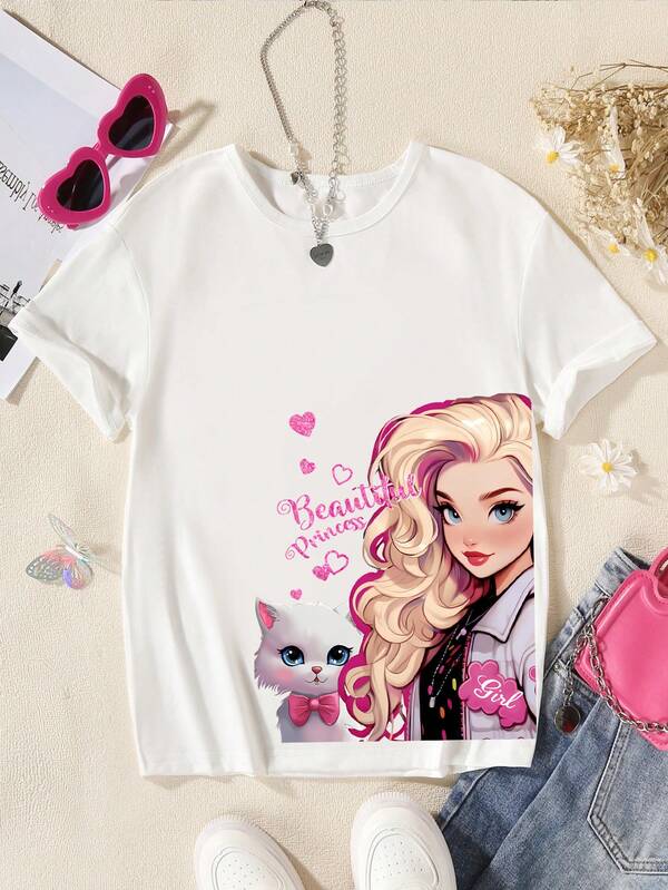 Camiseta Casual com Letras de Desenho Animado para Pré-adolescentes