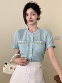 DAZY Color-Block Pocket Button Placket Round Neck Short Sleeve T-Shirt - Blue - View 3