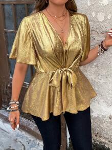 SHEIN Unity 大码女式时尚 V 领收腰衬衫，适合节日派对服装，派对荷叶边上衣 - 金色 - 查看 4