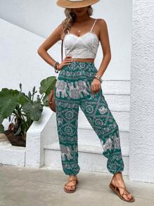 SHEIN Clasi 夏季boho風象印花束口褲 - 綠色 - 查看 3