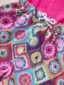 SHEIN Teen Girls Casual Holiday Round Neck Long Lace Trim Shirt & 7/8 Pants Set