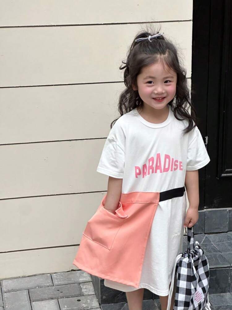 Young Girls' Casual Letter Printed T-Shirt Dress With Belt Decoration And Pockets, Spring/Summer