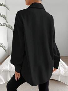 Chiquease 女士春夏纯色落肩长袖宽松休闲口袋衬衫、长袖上衣