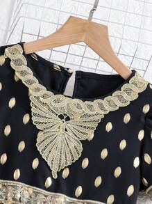 SHEIN Tween Girls' Gorgeous Golden Floral Printed Collar & Cinching Waist Dress With Embroidered Hem, Perfect For Party In Summer - Black - View 5