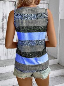 EMERY ROSE Top Casual Sin Mangas Con Diseño De Cuello En V Y Colores Contrastantes, Patrón Aleatorio Impreso, Verano - Multicolor - Ver 2