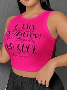 CovetEZ Plus Size Round Neck Letter Printed Tank Top, I LICK The Salt SWALLOW The Tequila AND SUCK The Lime - Hot Pink - View 4