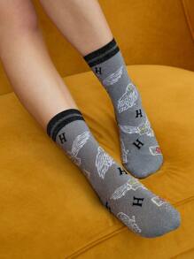 HARRY POTTER X SHEIN 女士 2 双 Hedwig 图案银色卢勒克斯中筒袜，礼品 - 彩色 - 查看 5