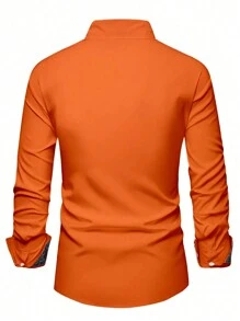 Manfinity Mode Áo sơ mi nam dài tay in họa tiết vá lỗi thời trang thường ngày màu cam, Áo sơ mi nam dài tay thường ngày, Áo sơ mi nam màu cam, Cho mùa thu - trái cam - Xem 3