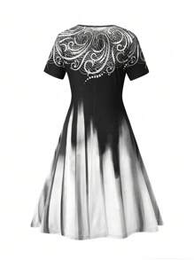 SHEIN Clasi Kích thước lớn Của phụ nữ In Ngắn tay Đầm - Đen và trắng - Xem 2