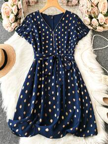 SHEIN Clasi 大尺寸閃亮圓點印花前拉鍊連身裙 - 藏蓝色 - 查看 1
