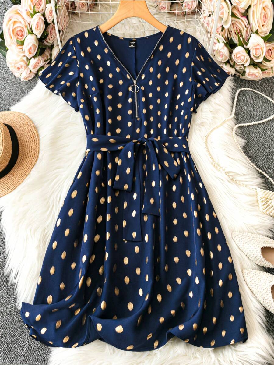 SHEIN Clasi 大尺寸閃亮圓點印花前拉鍊連身裙 - 藏蓝色 - 查看 1