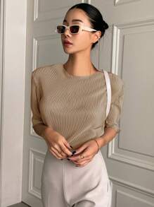 DAZY Camiseta de verano simple de cuello redondo de plisado sólido