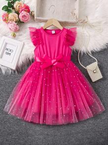 SHEIN Young Girl Fashionable Mesh Design Flutter Sleeve Dresses - Hot Pink - View 1