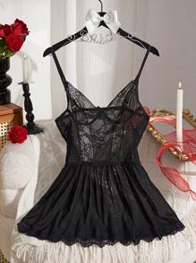 SilkySpell Lace Splicing Mesh Perspective Ballerina Style Cami Sleep Dress - Black - View 2