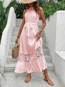 Breezaya Đầm hở lưng ren phong cách ngày lễ mùa hè cho nữ - Hồng - Xem 4