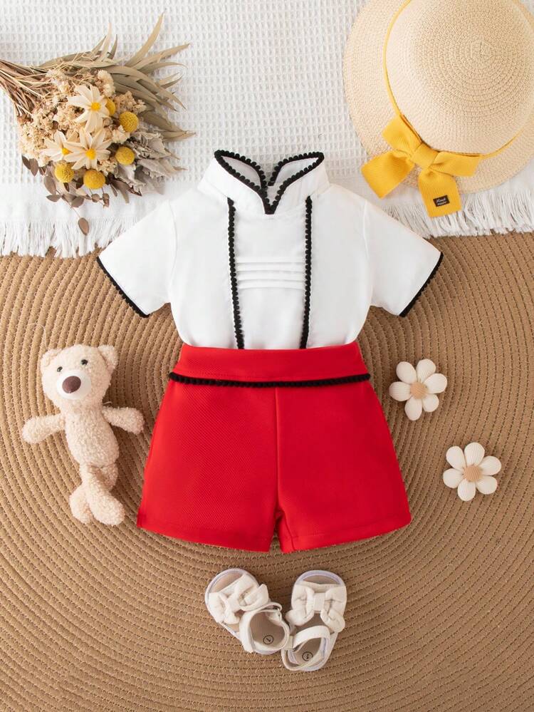 Baby Girl/'s Casual Cute Contrast Trim Shirt And Shorts Set For Summer