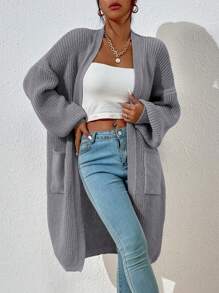 Chiquease Women's Solid Color Simple Cardigan, Suitable For Spring And Autumn,Ladies Late Fall Casual Pocket Drop Shoulder Oversized Light Grey Plain Women Cardigans,Casual Daily Wear,Long Sleeve Tops