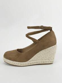女式腳踝帶草織底夾腳涼鞋，人造皮革和麻繩底，啡色楔形厚底鞋，適用於假日、婚禮和正式場合 - 咖啡棕 - 查看 4
