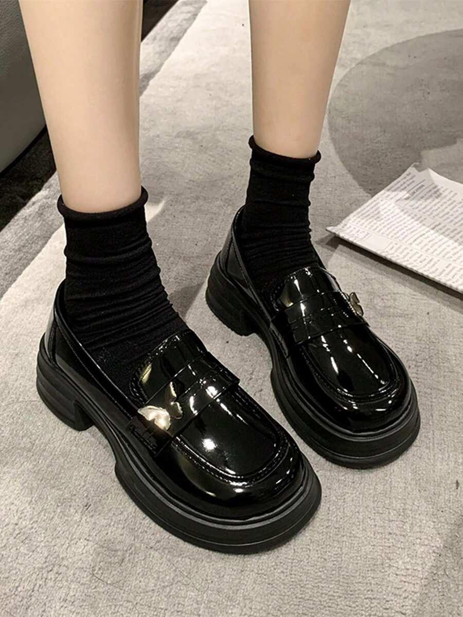 女式時尚楔型鞋跟和厚底漆皮鞋，舒適的休閒鞋 - 黑色 - 查看 1