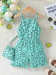 SHEIN Young Girl New Heart Printed Sleeveless Jumpsuit With Elastic Waist And Spaghetti Straps