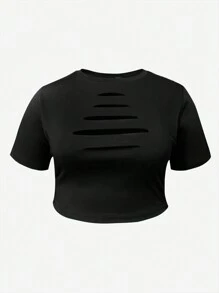 LovelyWholesale Plus Size Women's Solid-Color Ripped Slim-Fit Cropped T-Shirt - Black - View 1