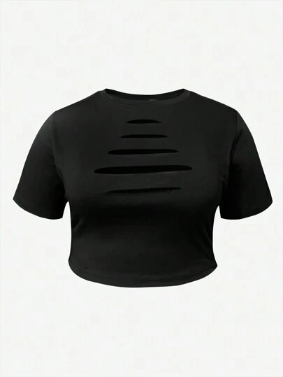 LovelyWholesale Plus Size Women's Solid-Color Ripped Slim-Fit Cropped T-Shirt