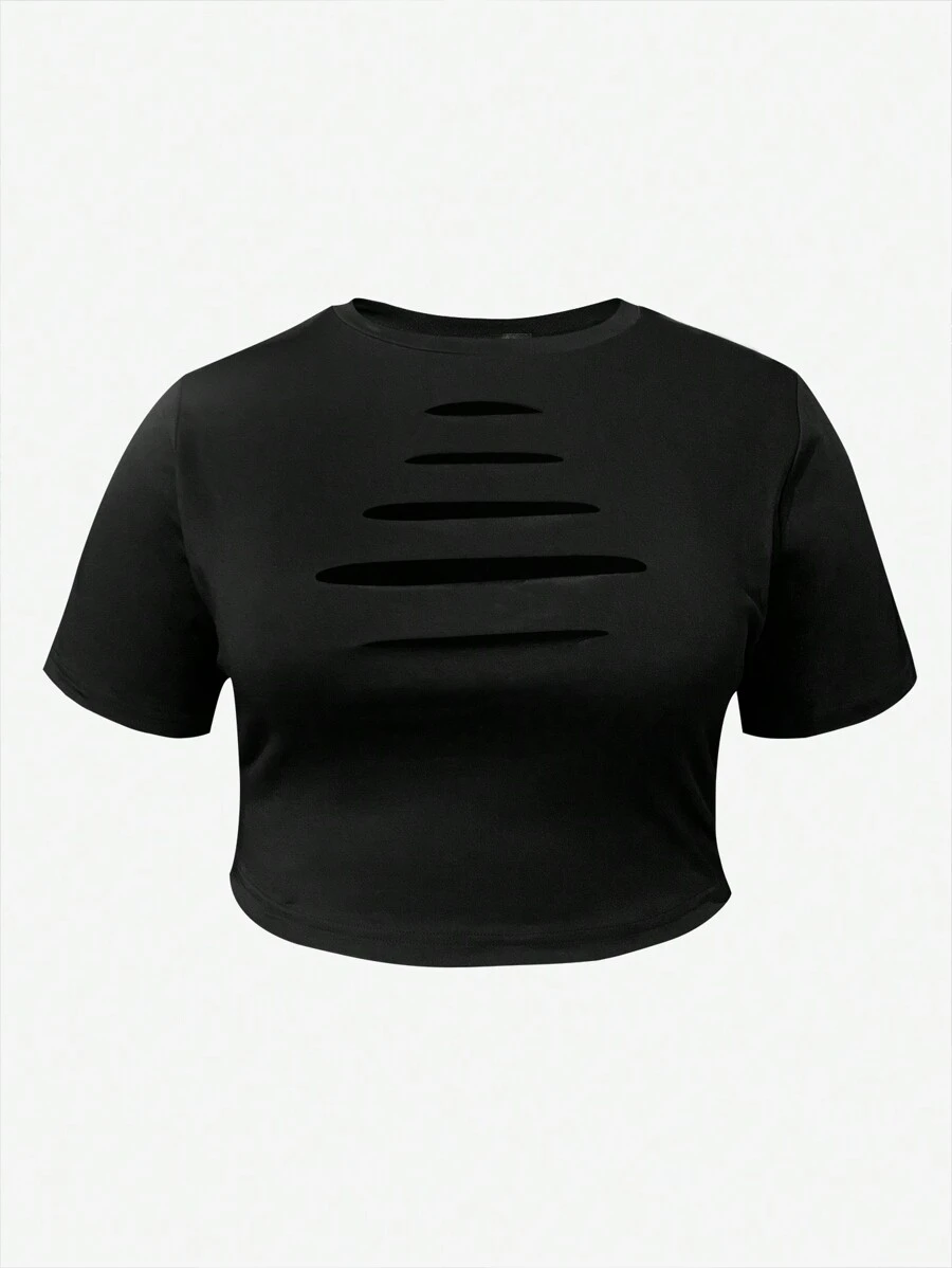 LovelyWholesale Plus Size Women's Solid-Color Ripped Slim-Fit Cropped T-Shirt - Black - View 1