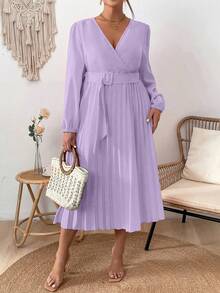 Plus Size Solid Color Lantern Sleeve Dress With Pleated Hem - Purple - View 5