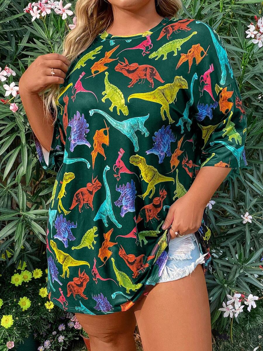 Flirla 大尺寸女款夏季恐龍印花圓領短袖t恤 - 彩色 - 查看 1