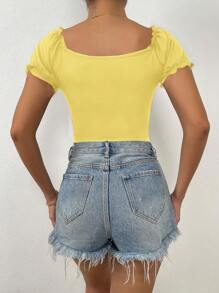 Chiquease Women's Summer Sweetheart Neckline Short Puff Sleeve Slim Fit T-Shirt With Frill Trim - Yellow - View 2