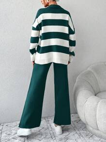 EURMUSE Women's Button Half-placket Striped Knit Top And Solid Color Wide-leg Knit Pants Two-piece Set - Green - View 2