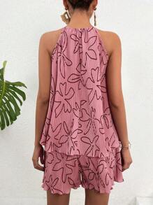 Breezaya Printed Wide Leg Culottes & Toothpick Pleated Loose Fit Top Casual Set, Suitable For Summer - Pink - View 3